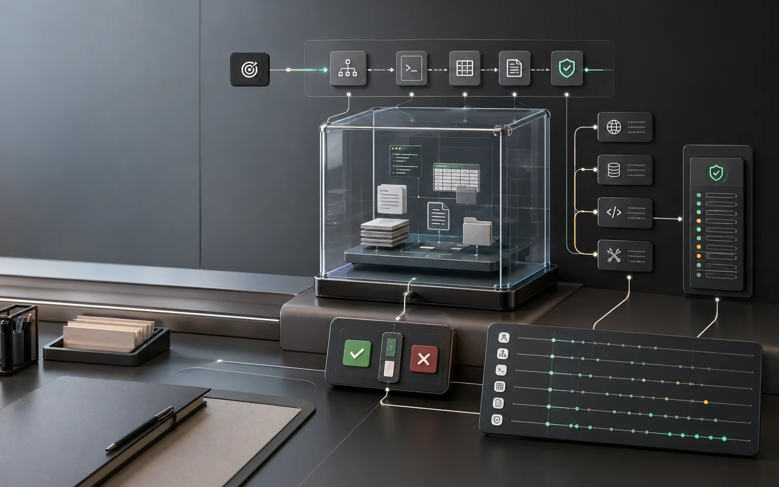 AI agent runtime architecture with sandbox workspace, tool calls, approvals, memory, and audit traces