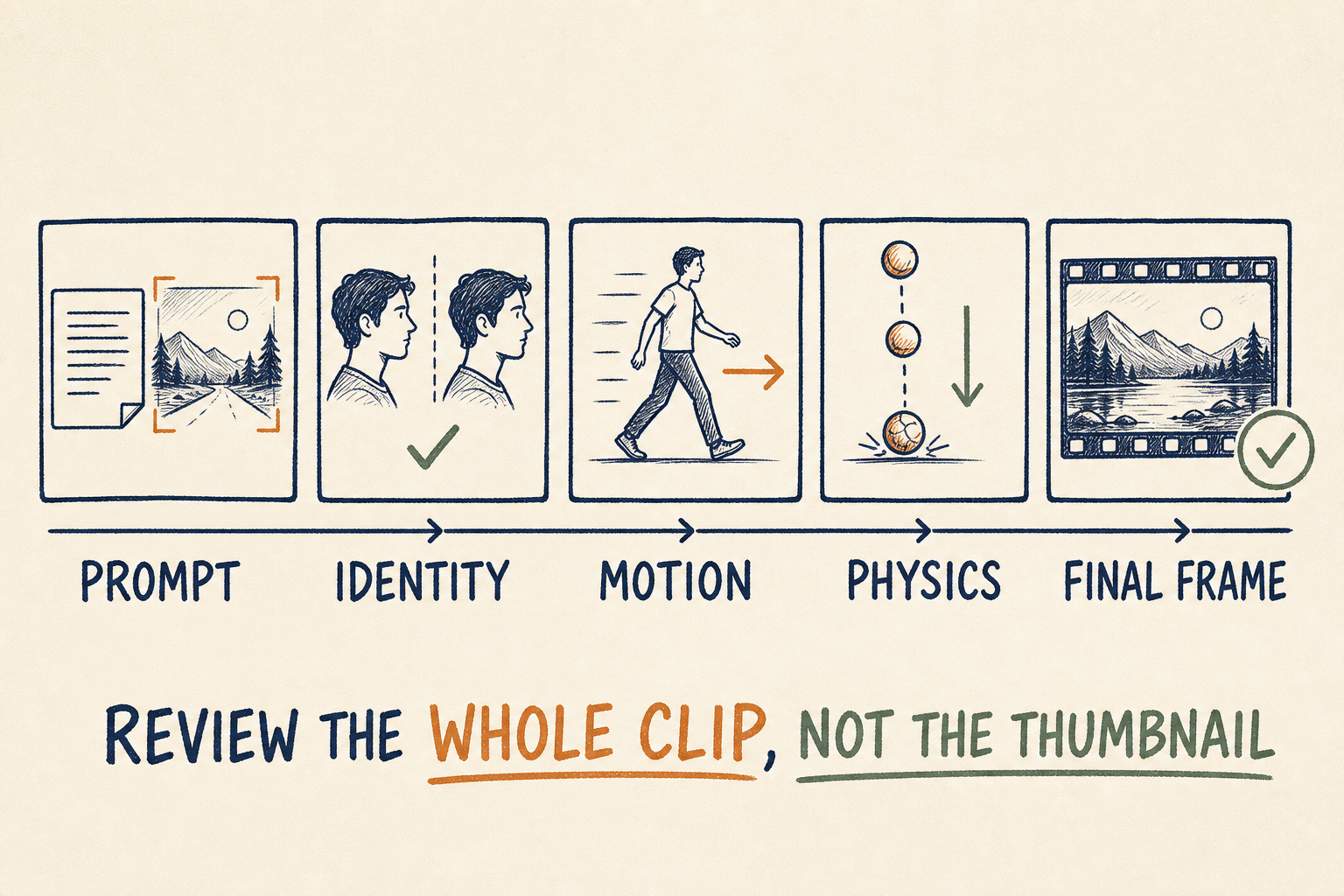 Hand-drawn storyboard for reviewing AI video prompt adherence identity motion physics and final-frame quality