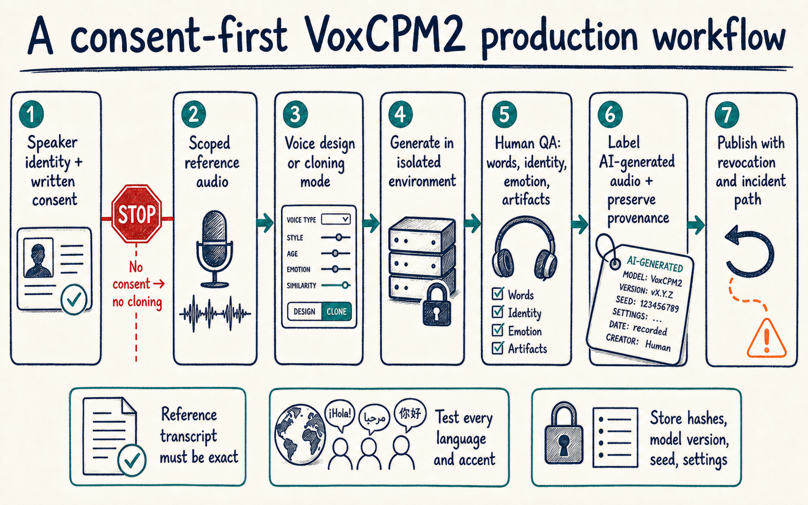 Hand-drawn consent-first VoxCPM2 workflow covering identity and consent, scoped reference audio, generation, human QA, provenance labeling and revocation
