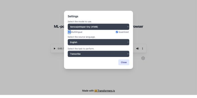 Whisper Web settings for model quantization multilingual language and task